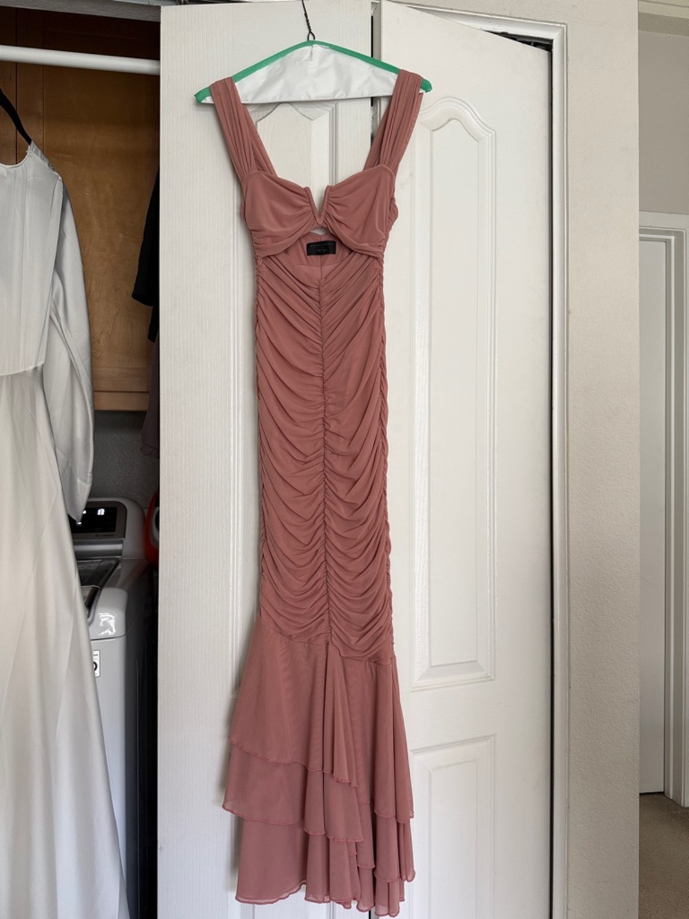 Michael Costello Mauve Ruched Maxi Dress with Tiered Hem